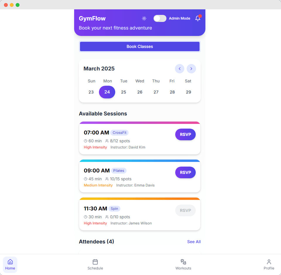 GymFlow - A mobile-first fitness class scheduling interface with real-time availability, instructor info, and RSVP system.